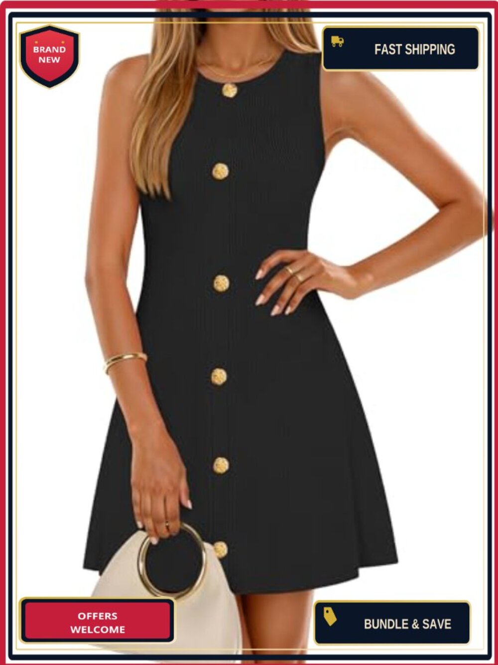 Sleeveless Ribbed Knit Mini Dress Crewneck Flared A-Line Summer